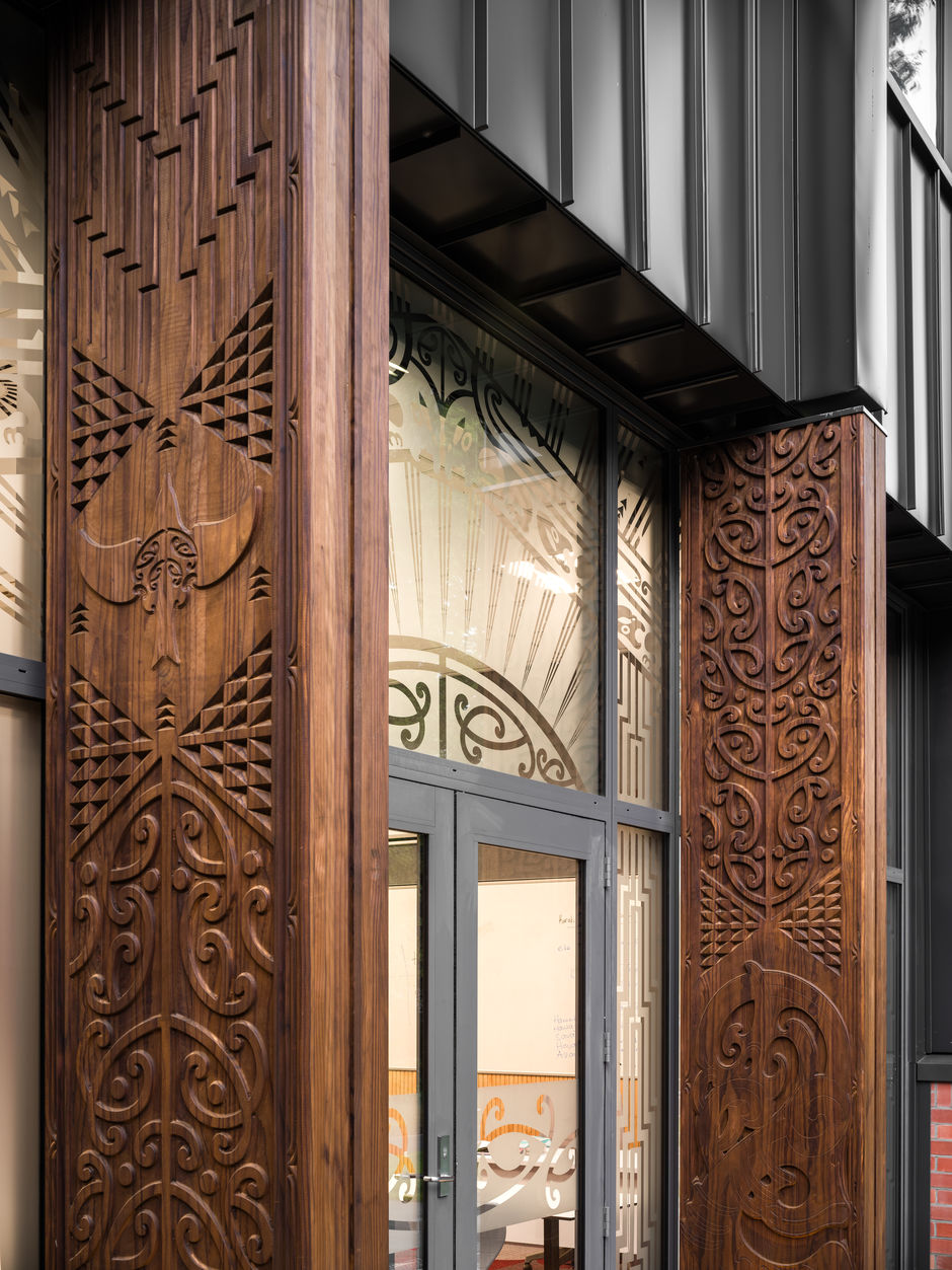 Digitally carved columns outside the Te Reo space Main Block Christchurch Boys' High School